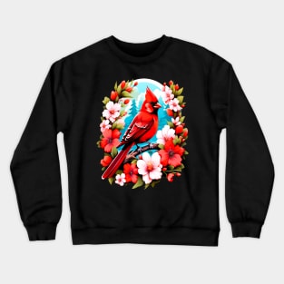 Cute Northern Cardinal Surrounded by Vibrant Spring Flowers Crewneck Sweatshirt